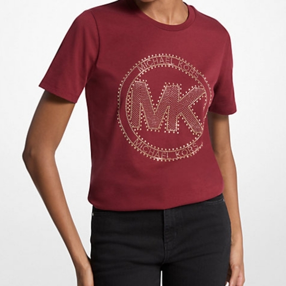 Michael Kors Burgundy Studded Logo Tee - Picture 1 of 7